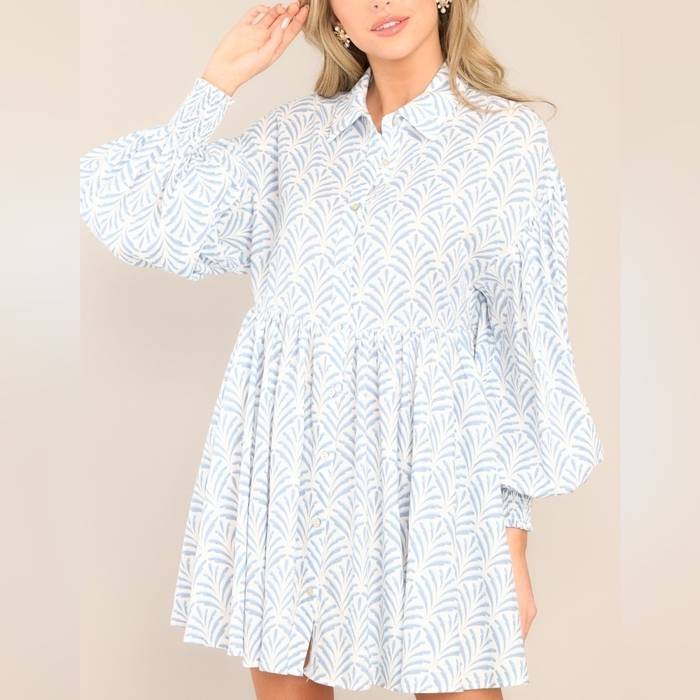 Aura This Is Your Sign Sky Blue Print Button Front Mini Dress - Medium - Picture 2 of 9